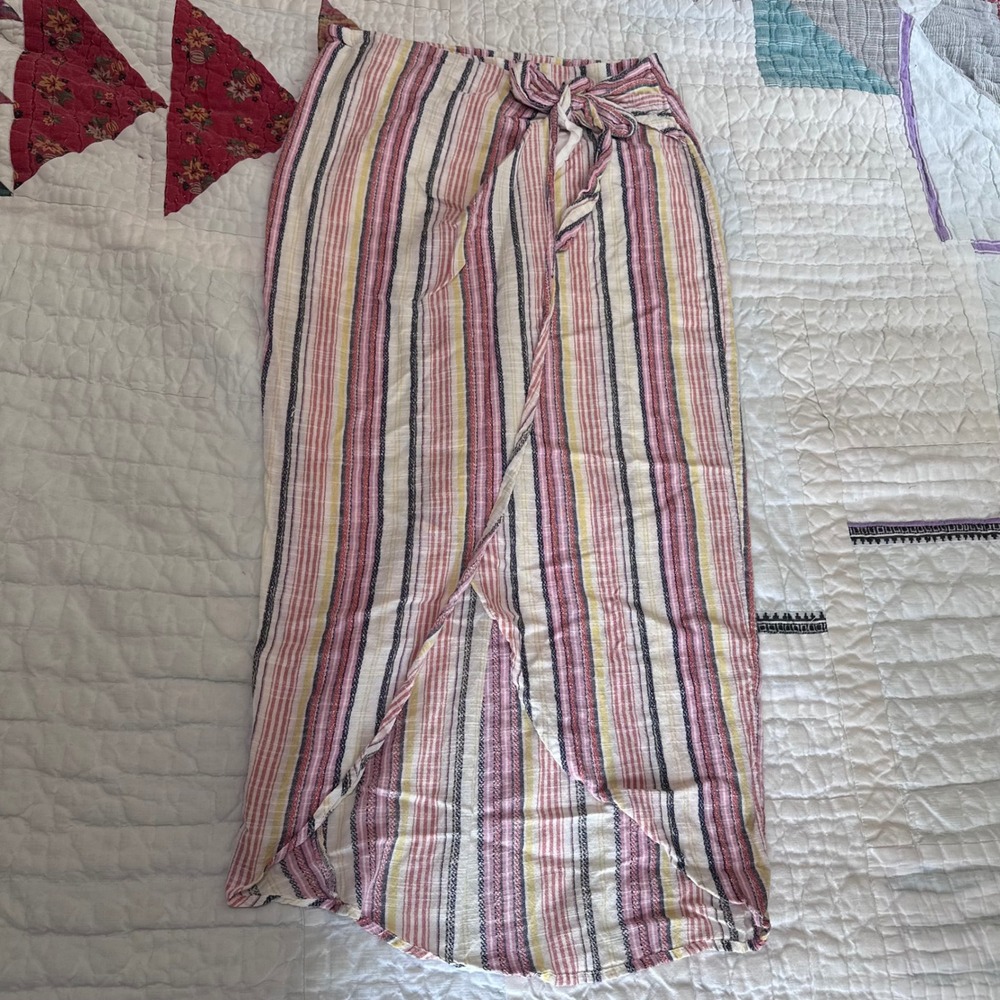 Free People Wrap Skirt Pink Yellow Navy Striped Cotton Midi Tulip‎ Hem Size 4